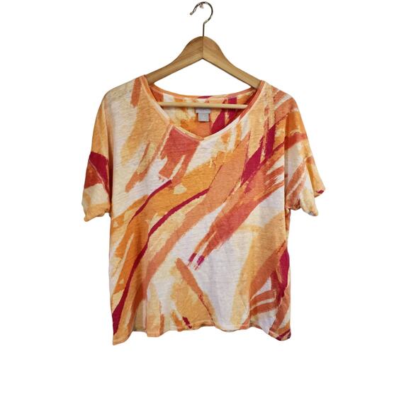 CHICOS 100% Linen Orange Pink White V-Neck Top Size Large - Picture 1 of 6